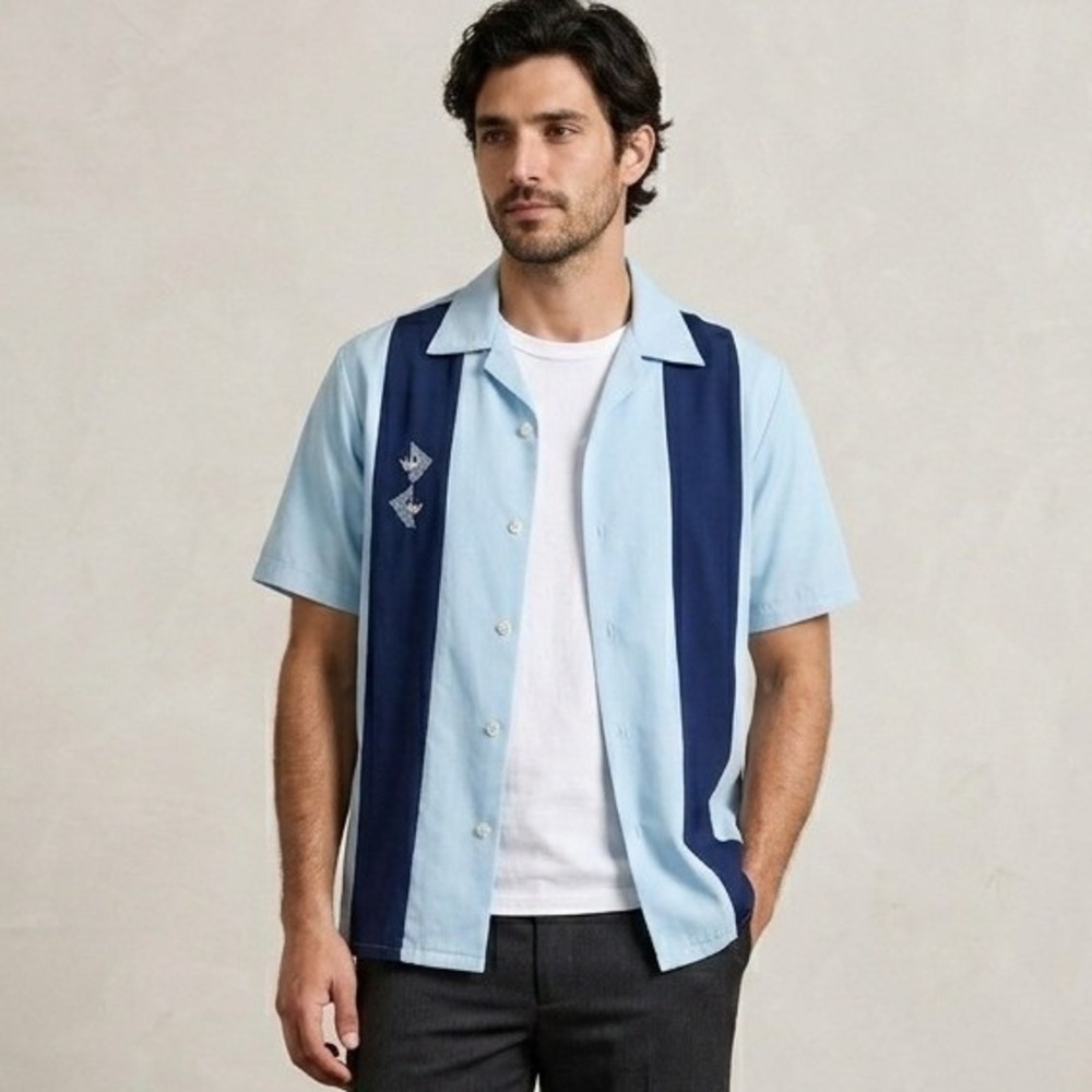 Da Vinci California Mens XL Bowling Shirt Blue Navy Retro Crown Embroidered S/S